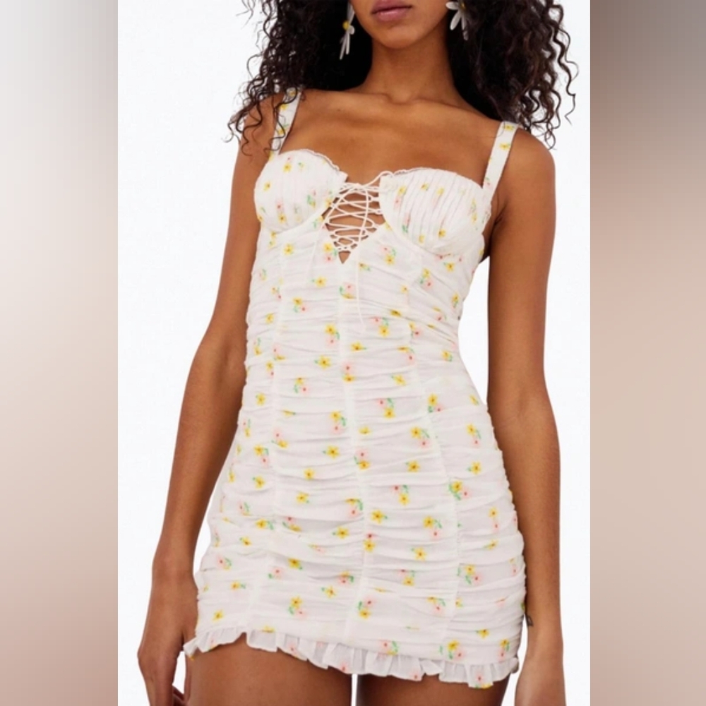 FOR LOVE & LEMONSCelia Shirred Floral-embroidered Lace-up Open-back Mini Dress